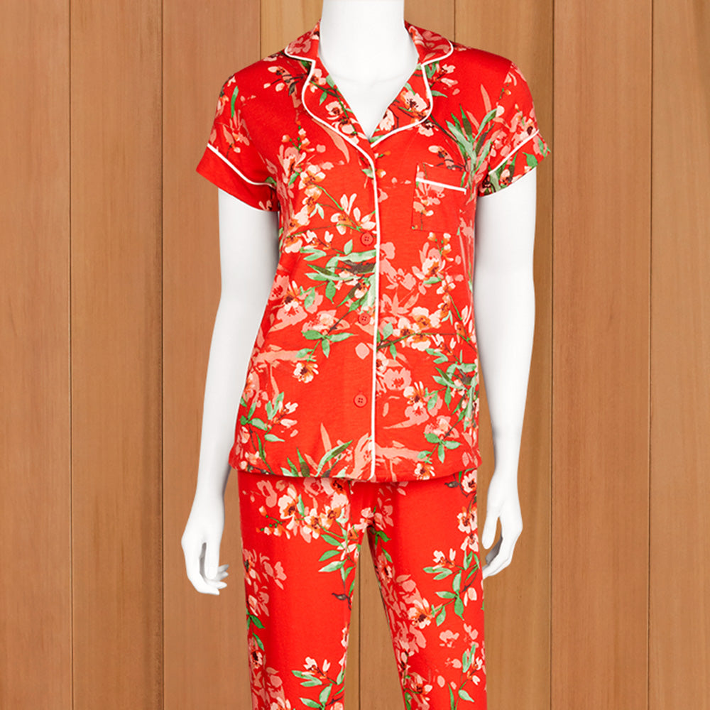 The Cat's Pajamas Women's Pima Knit Capri Pajama Set, Cherry Quince