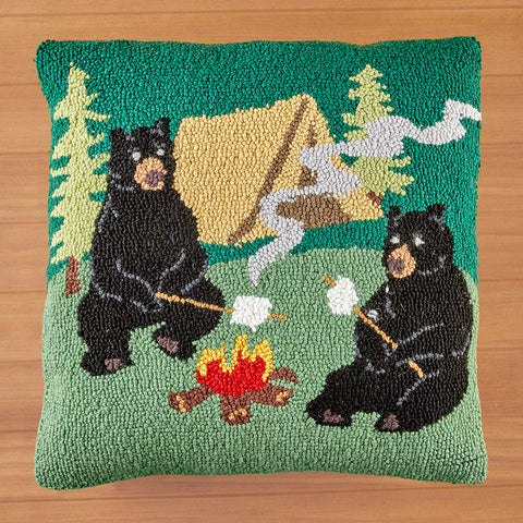 Peking Handicraft 18" Hooked Pillow, Campfire Bears