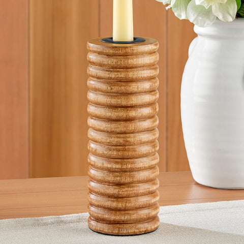 Ribbed Mango Wood Taper Candleholder