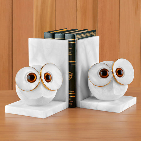 Alabaster Big-Eyed Owl Bookends