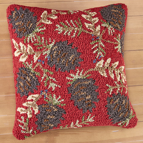 Chandler 4 Corners 18" Hooked Pillow, Ruby Pinecones