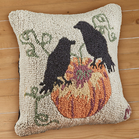 Chandler 4 Corners 18" Hooked Pillow, Ravens and Pumpkins