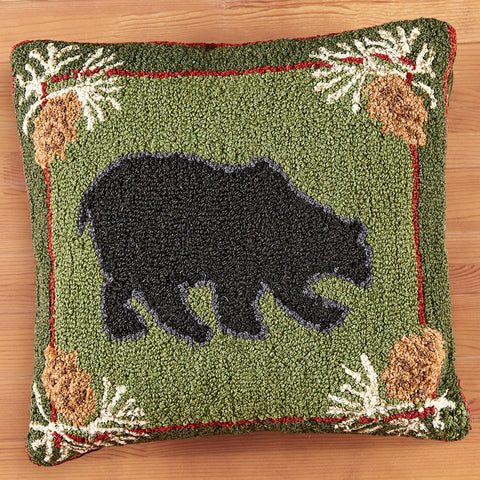 Chandler 4 Corners 18" Hooked Pillow, Northwoods Bear (Green)