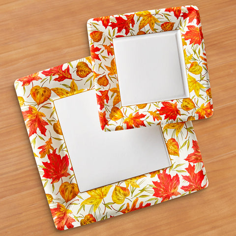 Caspari Square Paper Plates, Woodland Leaves