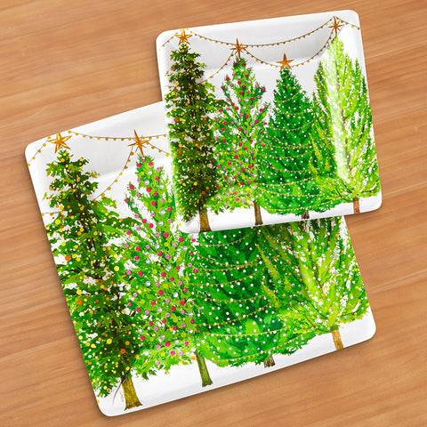 Caspari Square Paper Plates, Christmas Trees