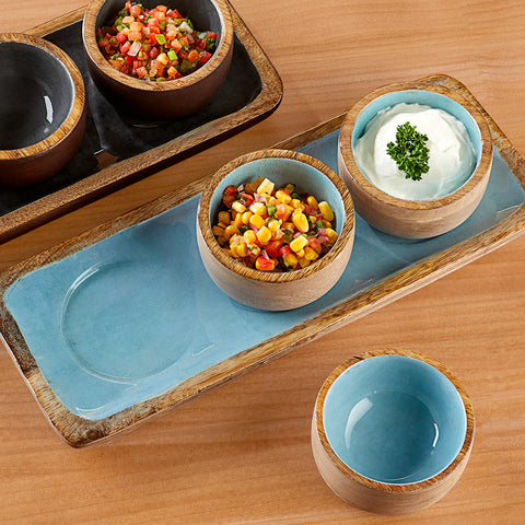 Enameled Mango Wood Condiment Bowl Set